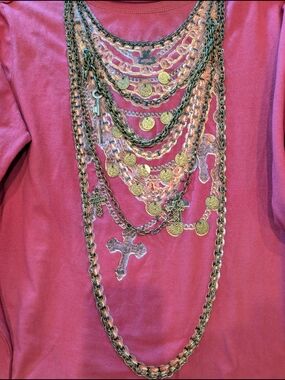 Double D Ranch Gold-Tone Layered Coin & Cross Necklace on Pink Size L